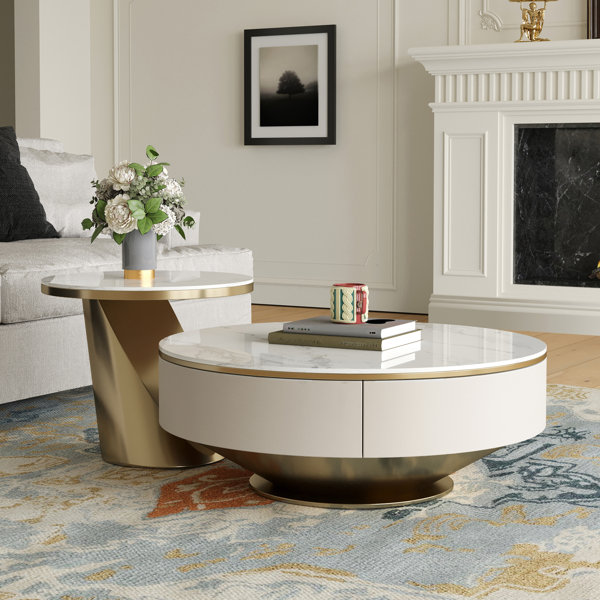 Everly Quinn Palatine 35.4" Luxurious Round Nesting Stone Coffee Table